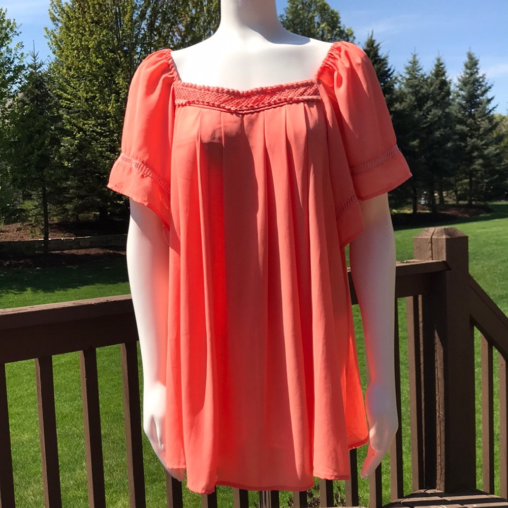 Umgee + USA Orange Boho Short Sleeve Tunic Blouse 1X